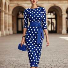 Load image into Gallery viewer, Women's Retro Polka-Dot Bodycon Midi Dress | Belted Waist Slim Fit
