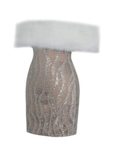 Load image into Gallery viewer, Averie White Fur Off-Shoulder Beige Sequin Mini Dress

