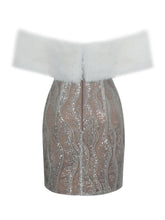 Load image into Gallery viewer, Averie White Fur Off-Shoulder Beige Sequin Mini Dress
