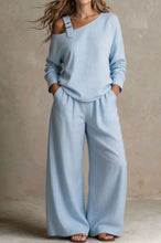 Load image into Gallery viewer, Women's One-Shoulder Buckle-Strap Long-Sleeve Linen Blend Top &amp; Wide-Leg Palazzo Trouser Set
