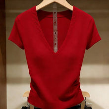 Load image into Gallery viewer, Solid Color Ice Silk Knit Top for Women – Slim-Fit Short Sleeve Elegant Commuter Top
