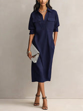 Load image into Gallery viewer, Women's Solid Color Pleated A-Line Midi Dress | Elegant Office Casual Shirt Collar Dress
