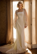 Load image into Gallery viewer, Minimalist Square Neck Wedding Dress with Sheer Embroidered Sleeves – Modern Bridal Elegance
