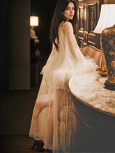 Load image into Gallery viewer, Ostrich Feather sequin mesh long robe dress with nightgown pink ivory-next day shipping

