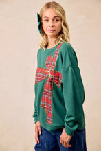 Load image into Gallery viewer, BiBi Plaid Ribbon Bow Detail Christmas Fleece Pullover

