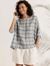 Load image into Gallery viewer, 100% Linen Gingham Checked Boatneck 3/4 Length Sleeve Top AURORA
