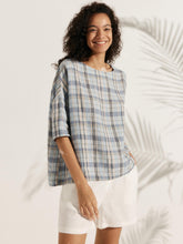 Load image into Gallery viewer, 100% Linen Gingham Checked Boatneck 3/4 Length Sleeve Top AURORA
