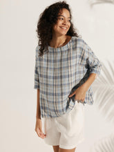 Load image into Gallery viewer, 100% Linen Gingham Checked Boatneck 3/4 Length Sleeve Top AURORA
