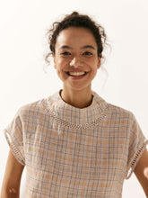 Load image into Gallery viewer, 100% Linen Gingham Checked Cutout Turtleneck Top CAROL
