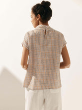 Load image into Gallery viewer, 100% Linen Gingham Checked Cutout Turtleneck Top CAROL
