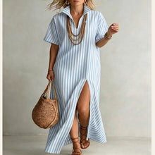 Load image into Gallery viewer, Women's Striped Slit Maxi Dress – V-Neck Short Sleeve
