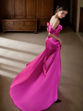 Load image into Gallery viewer, Radiant Fuchsia Off-Shoulder Satin Gown with Elegant Train
