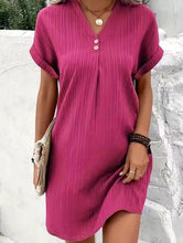 Load image into Gallery viewer, Button-Front V-Neck Dress – Short Sleeve Solid Casual Shirt Dress
