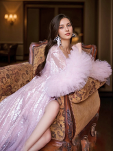 Load image into Gallery viewer, Ruffled tulle fringe hem sequin mesh long robe with sequin nightgown pink ivory
