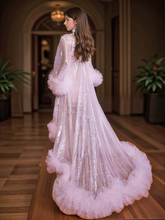 Load image into Gallery viewer, Ruffled tulle fringe hem sequin mesh long robe with sequin nightgown pink ivory
