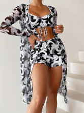 Load image into Gallery viewer, Luxe Lines 3-Piece Geometric Bikini Set for Women – High Rise Drawstring Bikini with Boxer Shorts &amp; Long Sleeve Sheer Kimono Cover-Up – Bold &amp; Breezy Women’s Swimwear for Summer Beach Pool &amp; Getaways
