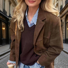 Load image into Gallery viewer, Suede-Look Blazer Jacket — V-Notch Lapel, Button-Front Casual Coat
