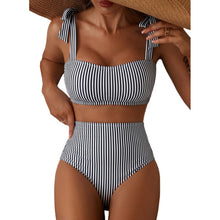 Load image into Gallery viewer, Tie-Shoulder Striped High-Waisted Bikini Set – Two-Piece Swimsuit for Women
