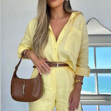 Load image into Gallery viewer, Women's Casual Long-Sleeve Shirt &amp; Shorts Set – Cotton 2-Piece
