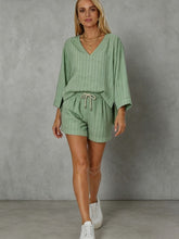 Load image into Gallery viewer, Women's Loose V-Neck Long Sleeve Striped Shorts Set – Casual Leisure
