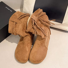 Load image into Gallery viewer, Suede Fringe Round Toe Boots with Block Heel
