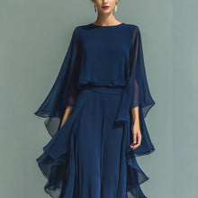 Load image into Gallery viewer, Deep Blue Ruffle Wide-Leg Pants Set – Elegant Two-Piece Batwing Sleeve Outfit for Women
