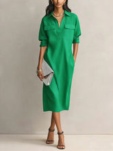 Load image into Gallery viewer, Women's Solid Color Pleated A-Line Midi Dress | Elegant Office Casual Shirt Collar Dress
