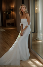 Load image into Gallery viewer, Goddess off-the-shoulder Simple Satin Wedding Dress small train with Tulle Ribbon
