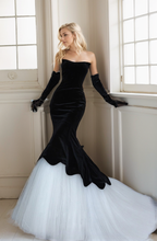 Load image into Gallery viewer, Herpben style strapless black velvet white tulle mermaid prom dress
