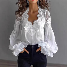 Load image into Gallery viewer, Lace-Panel Puff Sleeve Pleated Ruffle Shirt | Ballet Style
