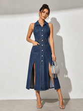 Load image into Gallery viewer, Women's Retro Washed Denim Midi Dress – Sleeveless Collared Button-Front with Slits &amp; Pockets

