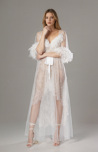 Load image into Gallery viewer, Luxury White Turkey Feather Lace Sheer Robe Dress Set | Bridal Getting Ready Gown
