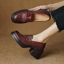 Load image into Gallery viewer, Women’s Vintage Chunky Heel Leather Shoes – Retro Style
