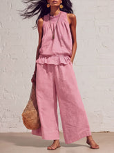 Load image into Gallery viewer, Women's Smocked Neckline Ruffle Hem Linen Tank &amp; Wide-Leg Cropped Pants Set
