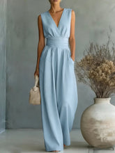 Load image into Gallery viewer, Women's Elegant V-Neck Sleeveless Jumpsuit – Waist-Cinching Straight Leg
