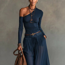 Load image into Gallery viewer, Asymmetrical Shoulder Long Sleeve Dress Set – Belted A-Line Maxi Dress
