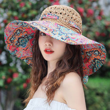 Load image into Gallery viewer, Women's Patterned Straw Beach Sun Hat – Round Crown UV Protection Summer Hat
