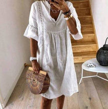 Load image into Gallery viewer, Women's V-Neck Flared Sleeve A-Line Mini Dress – Lace Stitching
