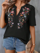 Load image into Gallery viewer, Women's Floral Embroidered Notched V-Neck T-Shirt – Short Sleeve Boho Lace Trim Top
