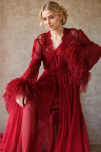 Load image into Gallery viewer, Ethereal Lace &amp; Feather-Trimmed Sheer Bridal Robe – Vintage Luxury Loungewear
