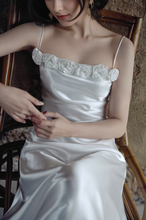 Load image into Gallery viewer, Vintage Rose-Trimmed Satin Slip Wedding Dress with Spaghetti Straps
