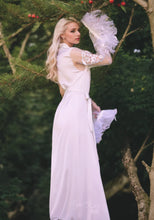 Load image into Gallery viewer, Sexy tulle lace Turkey Feather sleeves silky satin long bridal robe
