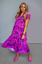 Load image into Gallery viewer, Full Size Ruffled Printed Sleeve Midi Dress Elegant &amp; Beautiful Design Red-Violet Dress
