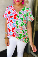 Load image into Gallery viewer, Green Leopard Print Patchwork V Neck Short Sleeve Blouse
