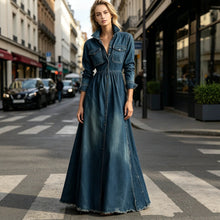 Load image into Gallery viewer, Women's Dark Blue Denim Shirt Collar Button-Down High Waist Maxi Dress
