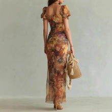 Load image into Gallery viewer, V-Neck Waist-Cinched Ruffle Hem Maxi Dress – Bodycon Long Dress in Orange
