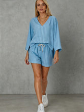 Load image into Gallery viewer, Women's Loose V-Neck Long Sleeve Striped Shorts Set – Casual Leisure
