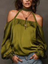 Load image into Gallery viewer, Women's Halter Neck Satin Blouse | Shoulder-Baring Long Sleeve Top in 5 Colors
