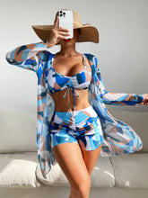 Load image into Gallery viewer, Mesh Cover-Up Three-Piece Swimwear Set – Bikini with Leg-Length Briefs
