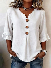 Load image into Gallery viewer, Women's Cotton Linen V-Neck Button-Up Blouse — Summer Casual Top
